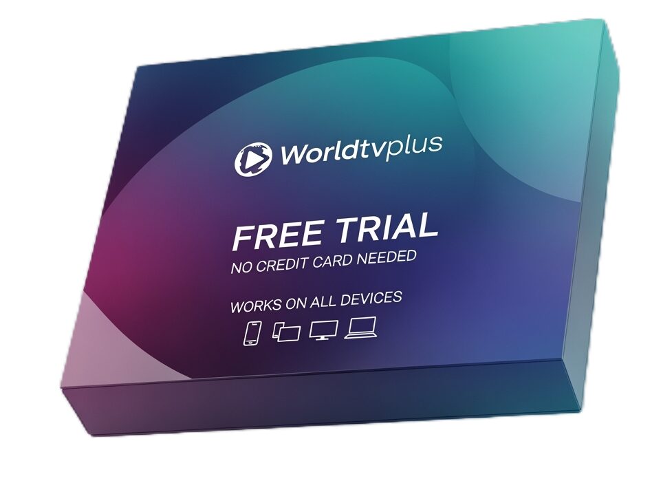  Worldtvplus free IPTV trial subscription - Free Trial', 'No Credit Card Needed', and 'Works on All Devices'. Ideal for marketing premium IPTV streaming service in the UK."
