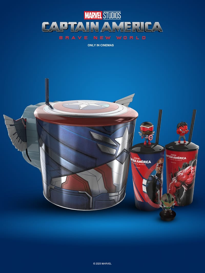 Snack & Drink y vasos oficiales de Ping Solutions, por el estreno de Capitán América: Un Nuevo Mundo, en exclusiva para Cinépolis.