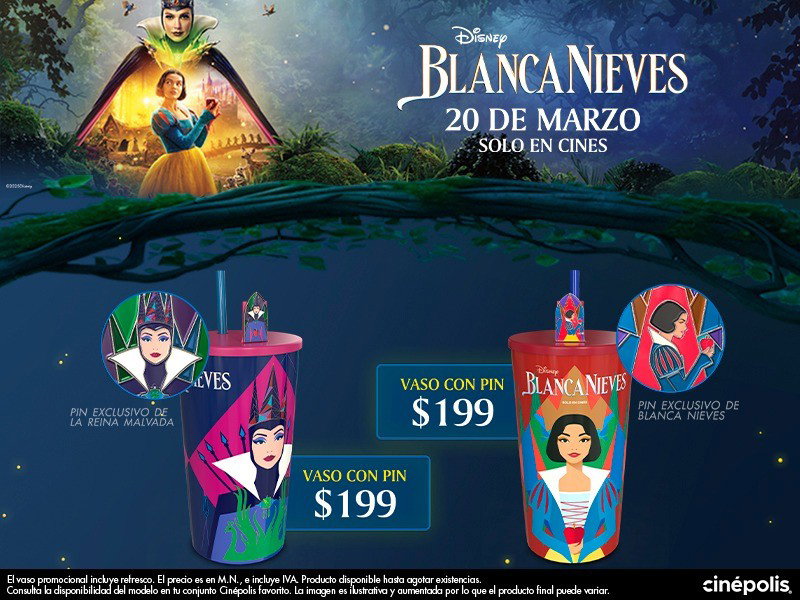 Vasos promocionales y crepa Cinépolis por el estreno de Blanca Nieves