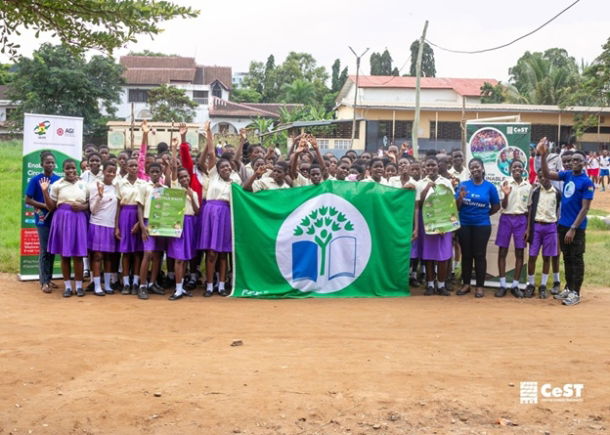 Students of Association Communities Basic School, Labone, with the Eco-Schools team from CeST, after marking the Global Action Days Campaign 2025