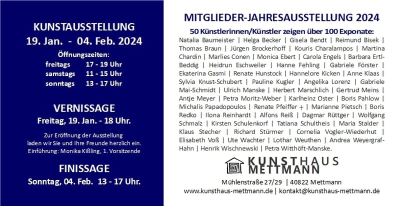 Mitgliederausstellung 2024 Kunsthaus Mettmann v. 19.01. - 04.02.2024