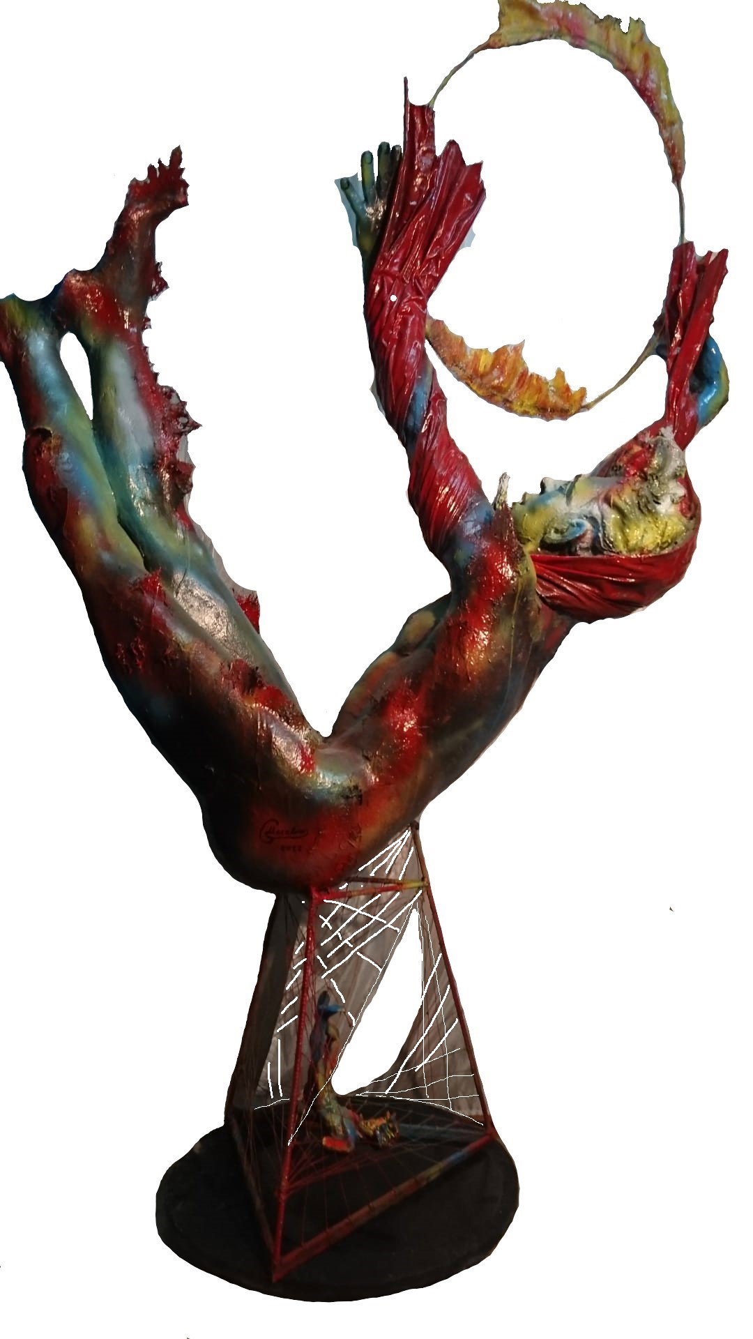2023. “LA CADUTA DI ICARO”, vetroresina policroma e struttura filiforme 210X117X50
