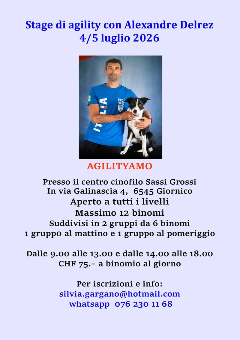 STAGE DI AGILITY CON ALEXANDRE DELREZ 4 /5 LUGLIO 2026