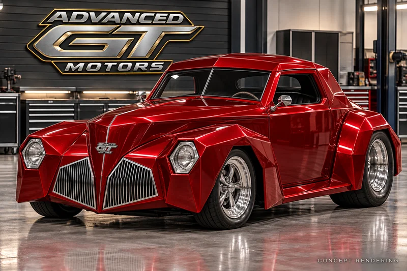 Advanced GT Motors candy red — pro-street concept 1941 Willys-style concept