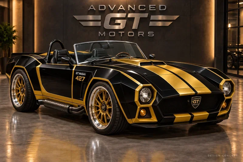 Classic Advanced GT 500 black and gold angular roadster with gold wheels and GT Motors 427 badge