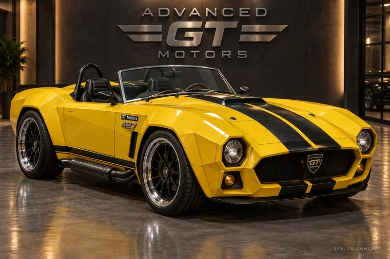 Classic Advanced GT 500 yellow and black angular roadster with GT Motors 427 fender badge