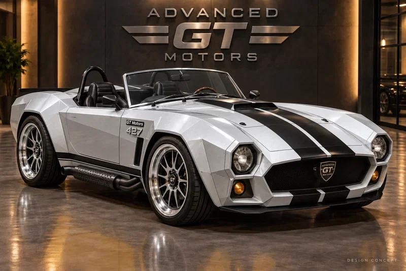 Classic Advanced GT 500 silver and black angular roadster with polished wheels and GT Motors 427 fender badge