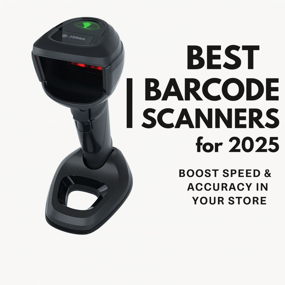 Zebra barcode scanner on stand with green indicator light, featured in 'Best Barcode Scanners for 2025' to boost retail speed and accuracy.