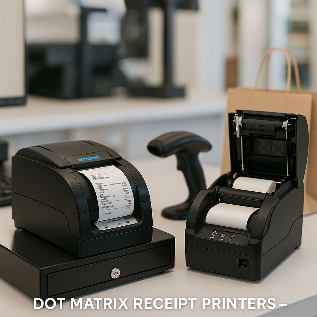 Element Dot Matrix Receipt Printers on POS counter with receipt printing and cash drawer – reliable printers for retail and restaurant environments.