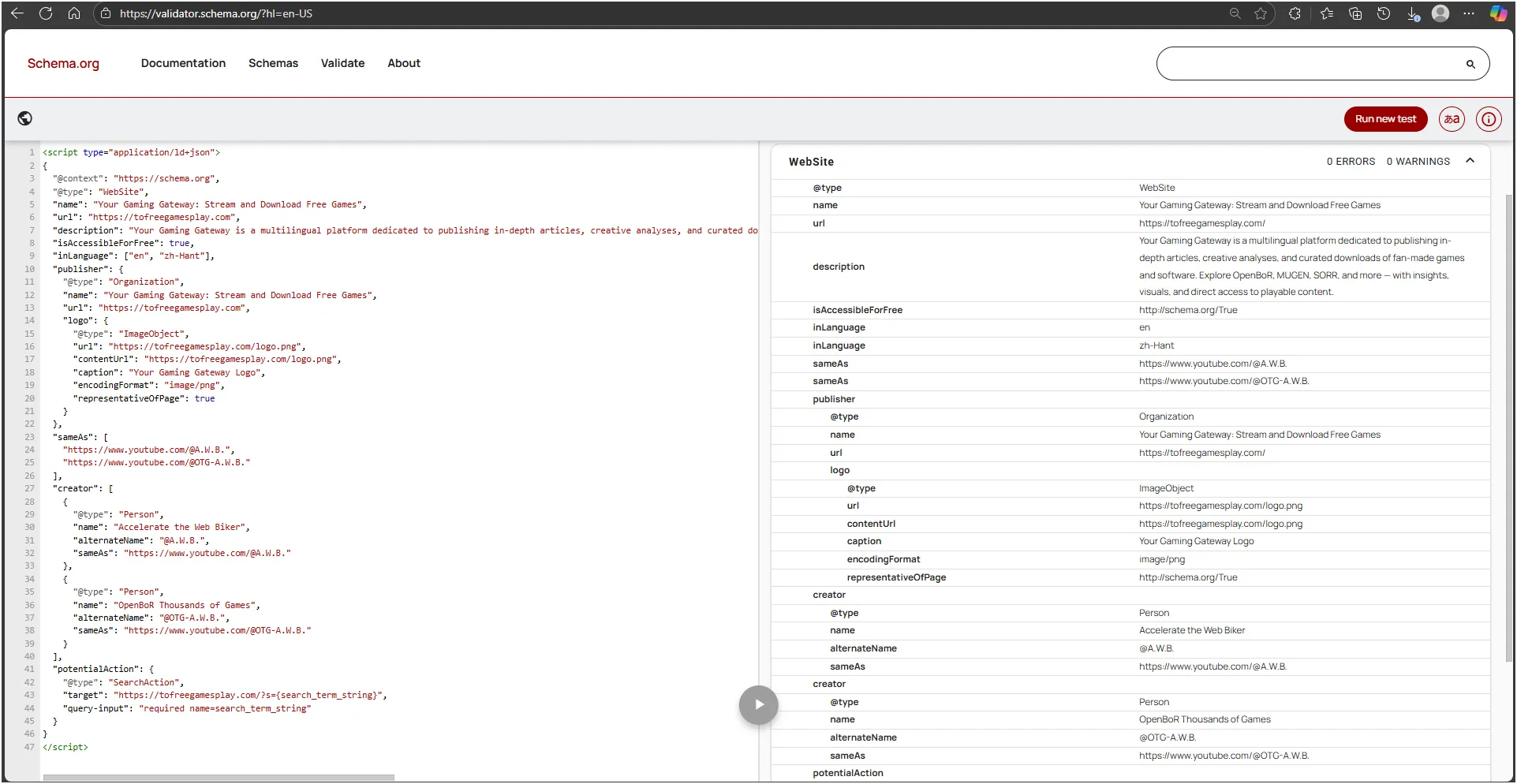 Screenshot of structured data validation using Schema.org Validator — Base Schema v1.0 Open