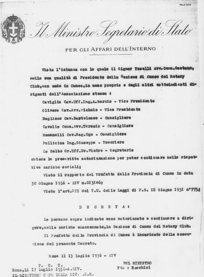CENTENARIO ROTARY DI CUNEO


I ROTARIANI CUNEESI (1925-1938)
“SORVEGLIATI” DAL REGIME FASCISTA