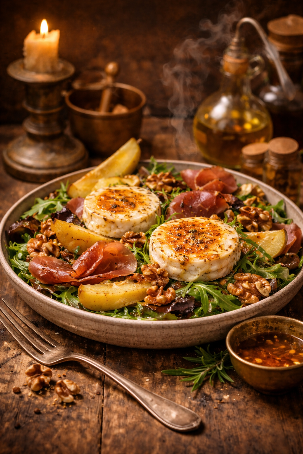 Salade tiède de chèvre, poire & noix