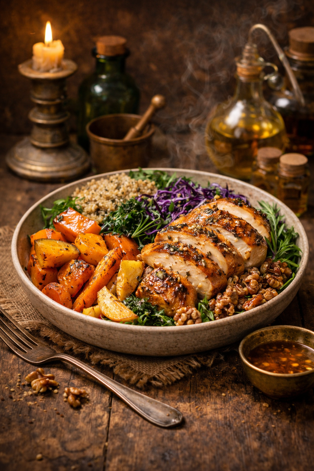 Bowl d’hiver poulet rôti, courge & légumes rôtis