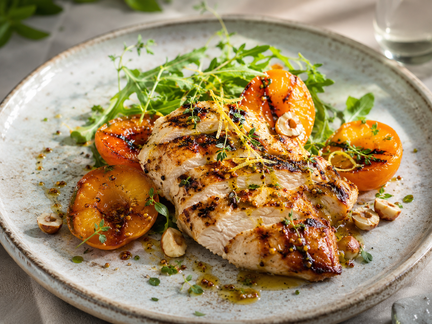 Poulet grillé à L’ALCHIMISTE, abricots rôtis & thym citron