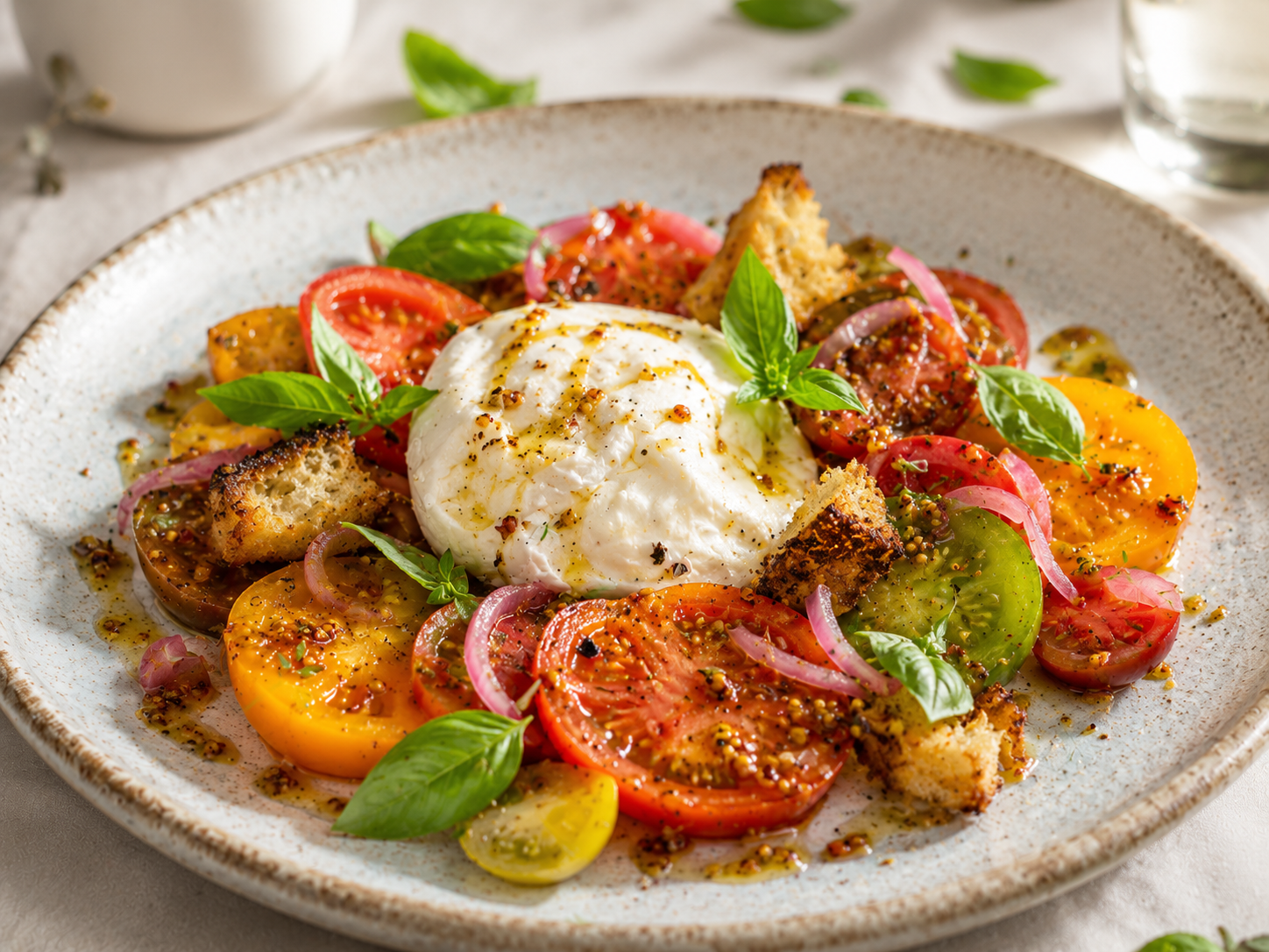 Salade de tomates anciennes, burratina & vinaigrette L’ALCHIMISTE