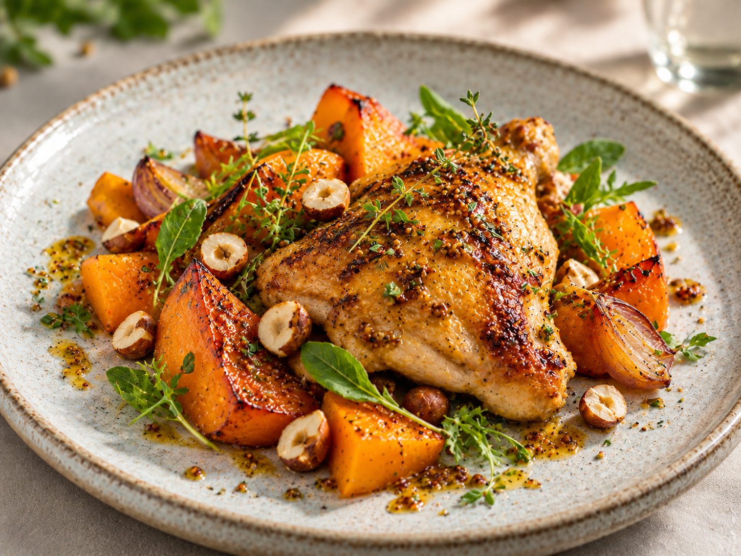 Poulet rôti à L’ALCHIMISTE, courge fondante & noisettes
