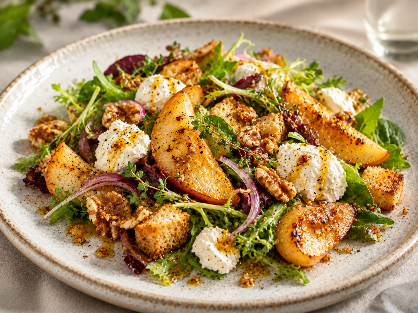 Salade tiède de poire, chèvre frais & noix