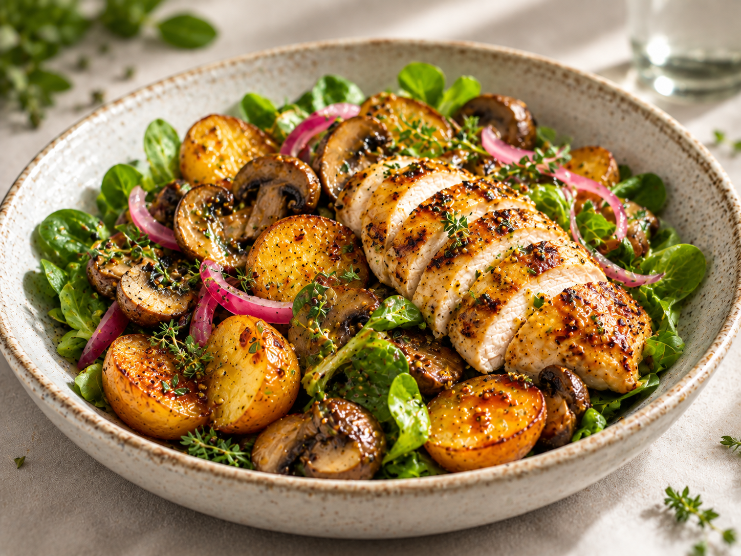 Bowl d’automne, poulet grillé, champignons & pommes de terre