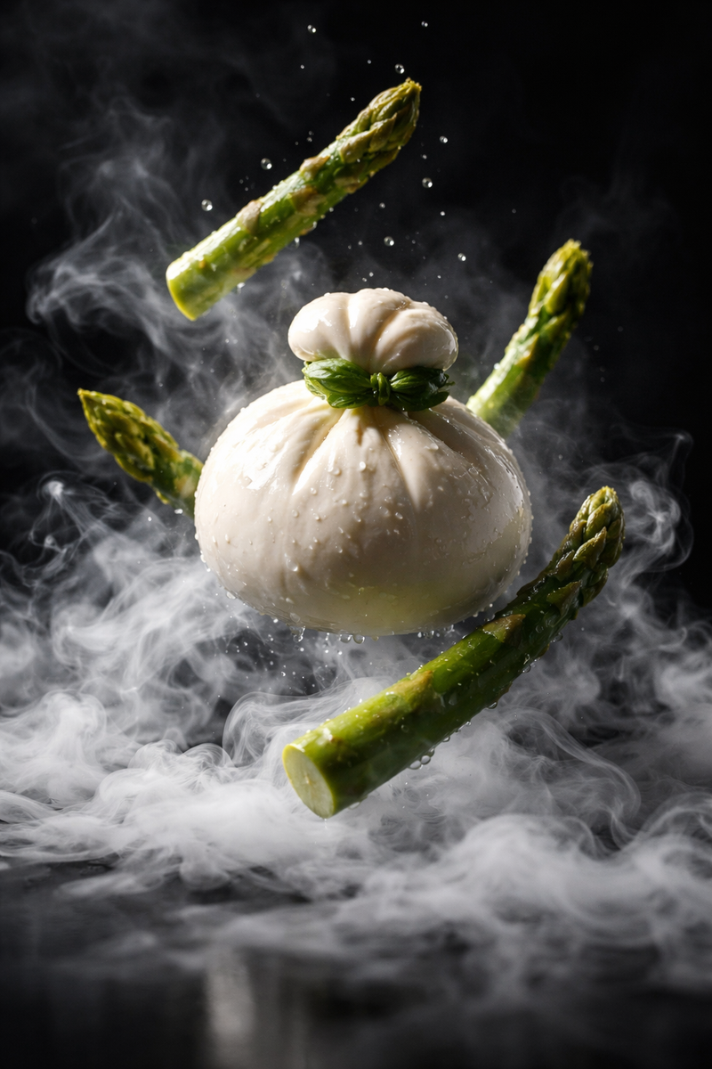 Burratina fumée sous cloche & asperges vertes