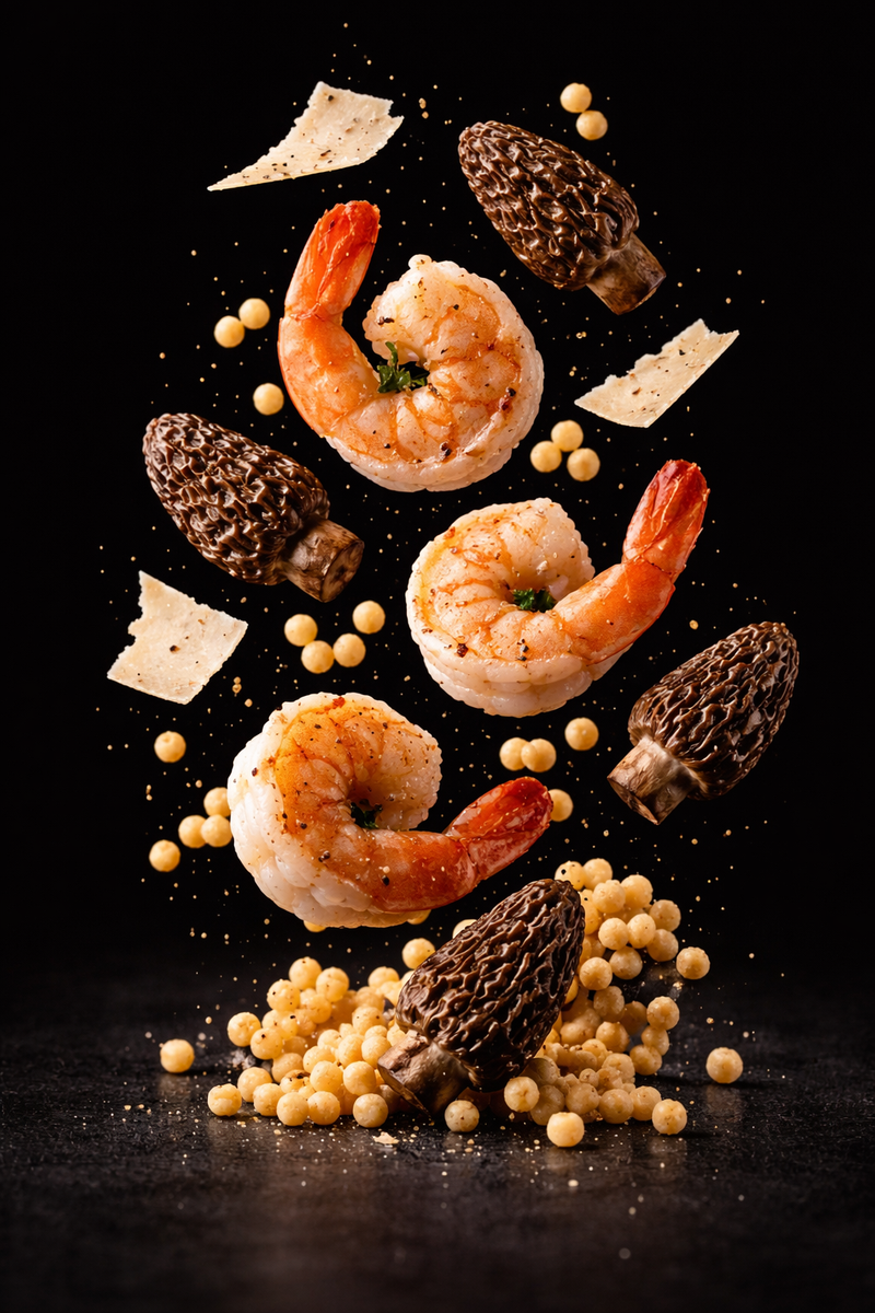 Fregola sarda crémeuse aux crevettes & morilles