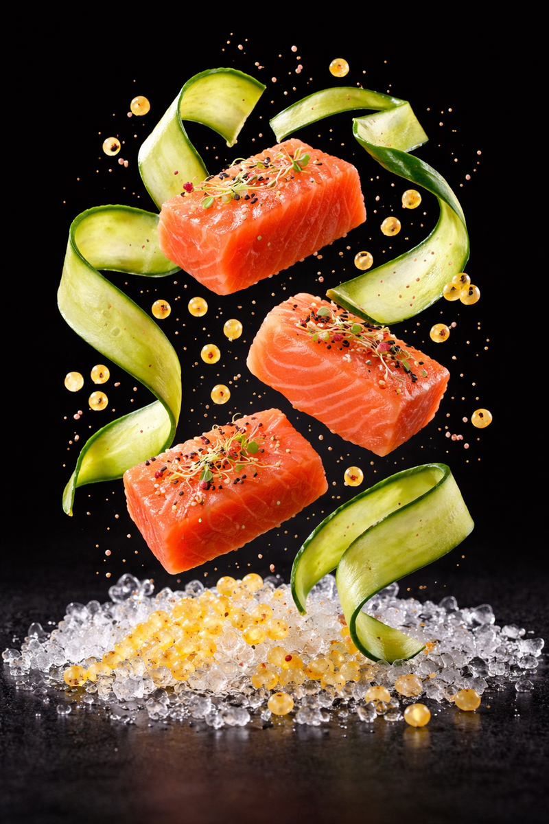 Tartare de Saumon, caviar de yuzu & pickles de concombre