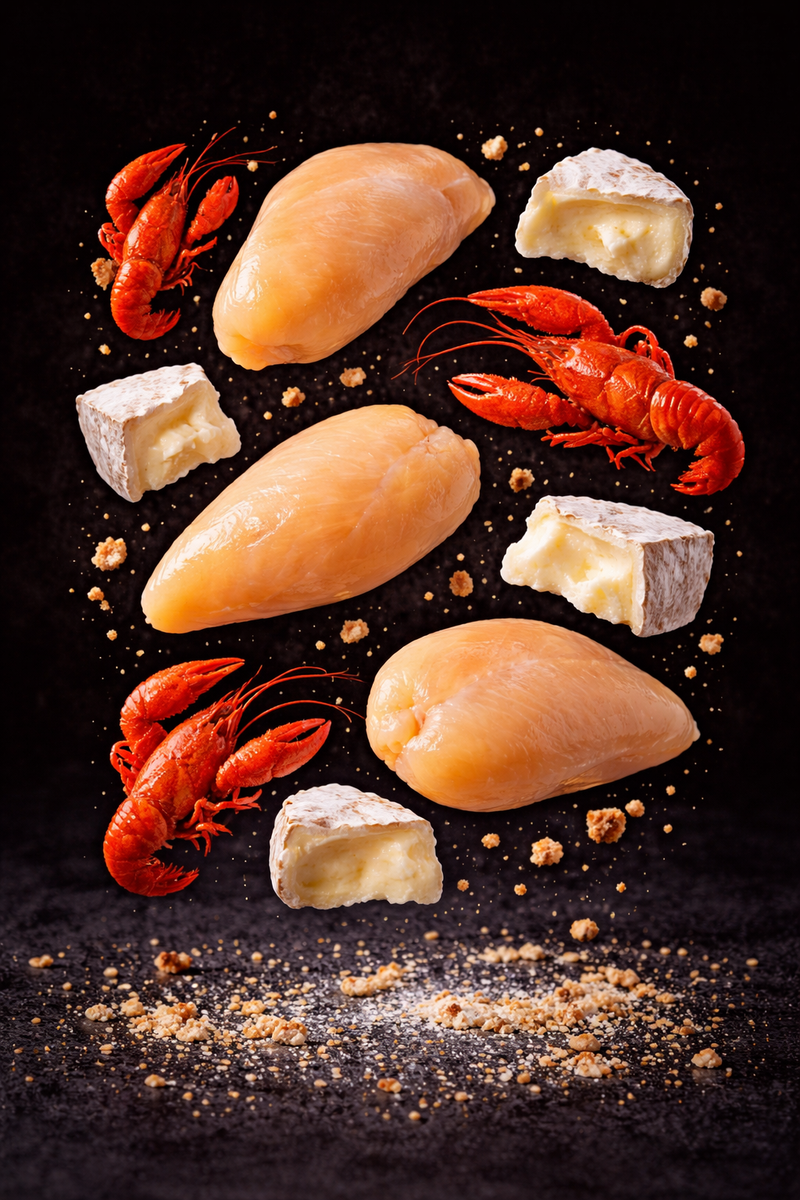 Cordon bleu roulé de poulet jaune, écrevisses & tomme