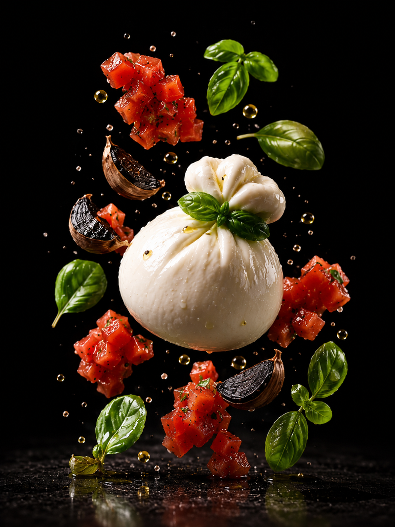 Tartare de tomates anciennes, burratina crémeuse & ail noir