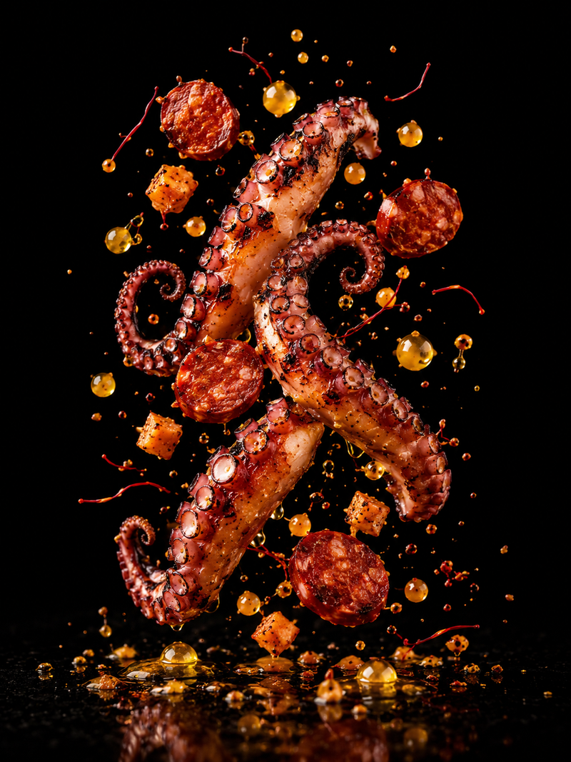 Tentacules de poulpe grillées & espuma froide chorizo-safran