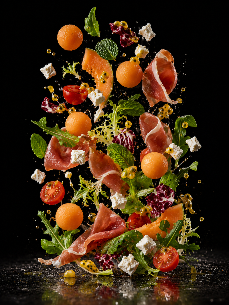 Salade de melon, fêta émiettée & chiffonnade de jambon cru