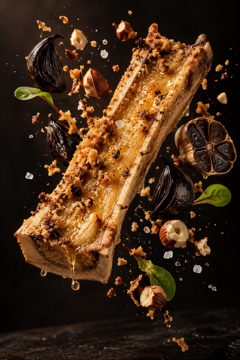 Os à moelle gratiné, ail noir & noisettes