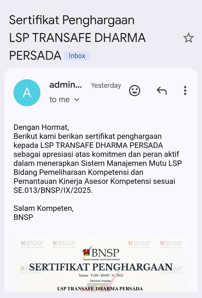 penghargaan bnsp ke lsp transafe