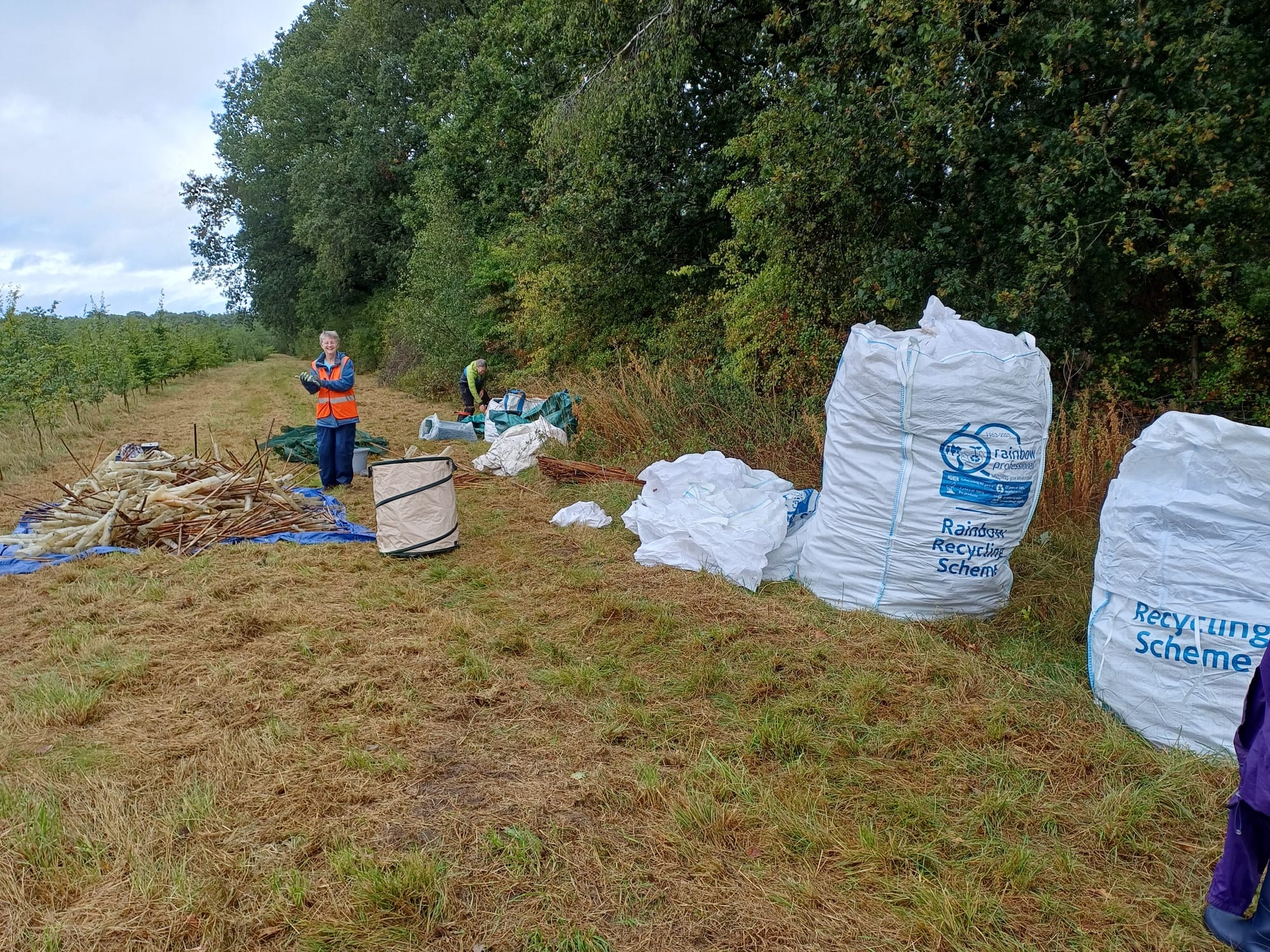 Final tree guards being collected.