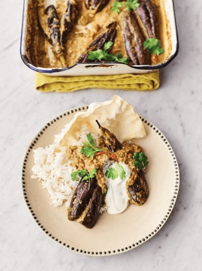 Stuffed curried aubergines