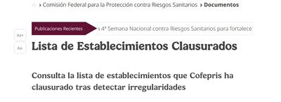COFEPRIS                                                                   Lista de Establecimientos Clausurados 👇🏻