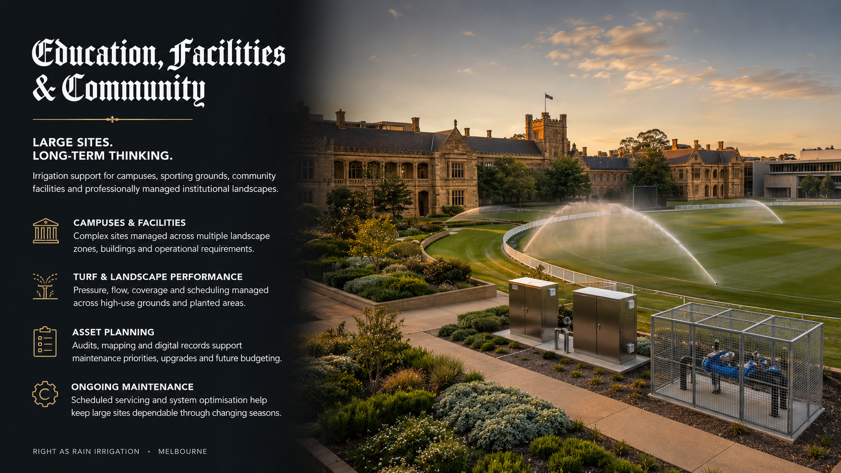 We service schools, sports fields, and large facilities with reliable irrigation solutions