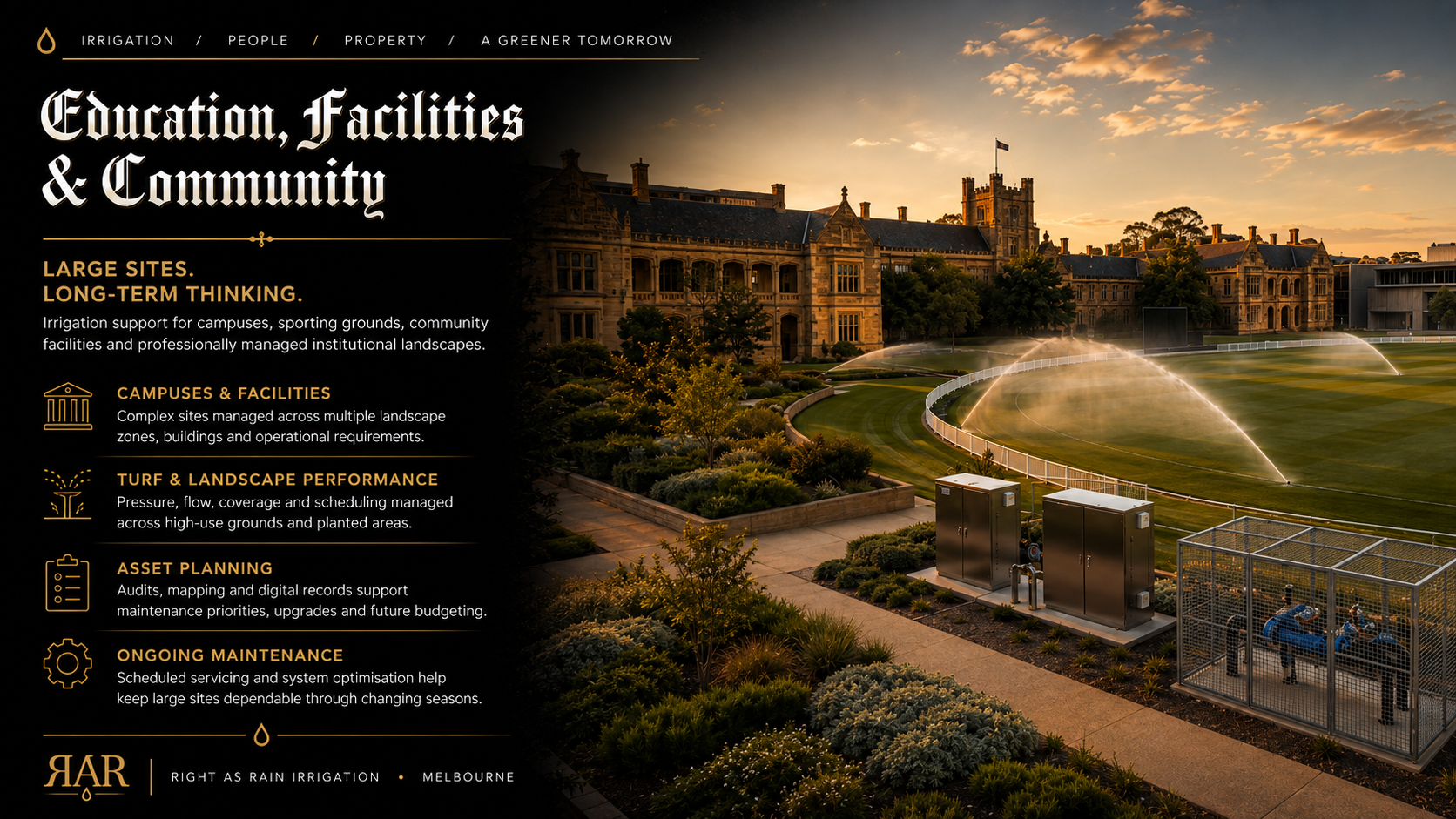 We service schools, sports fields, and large facilities with reliable irrigation solutions