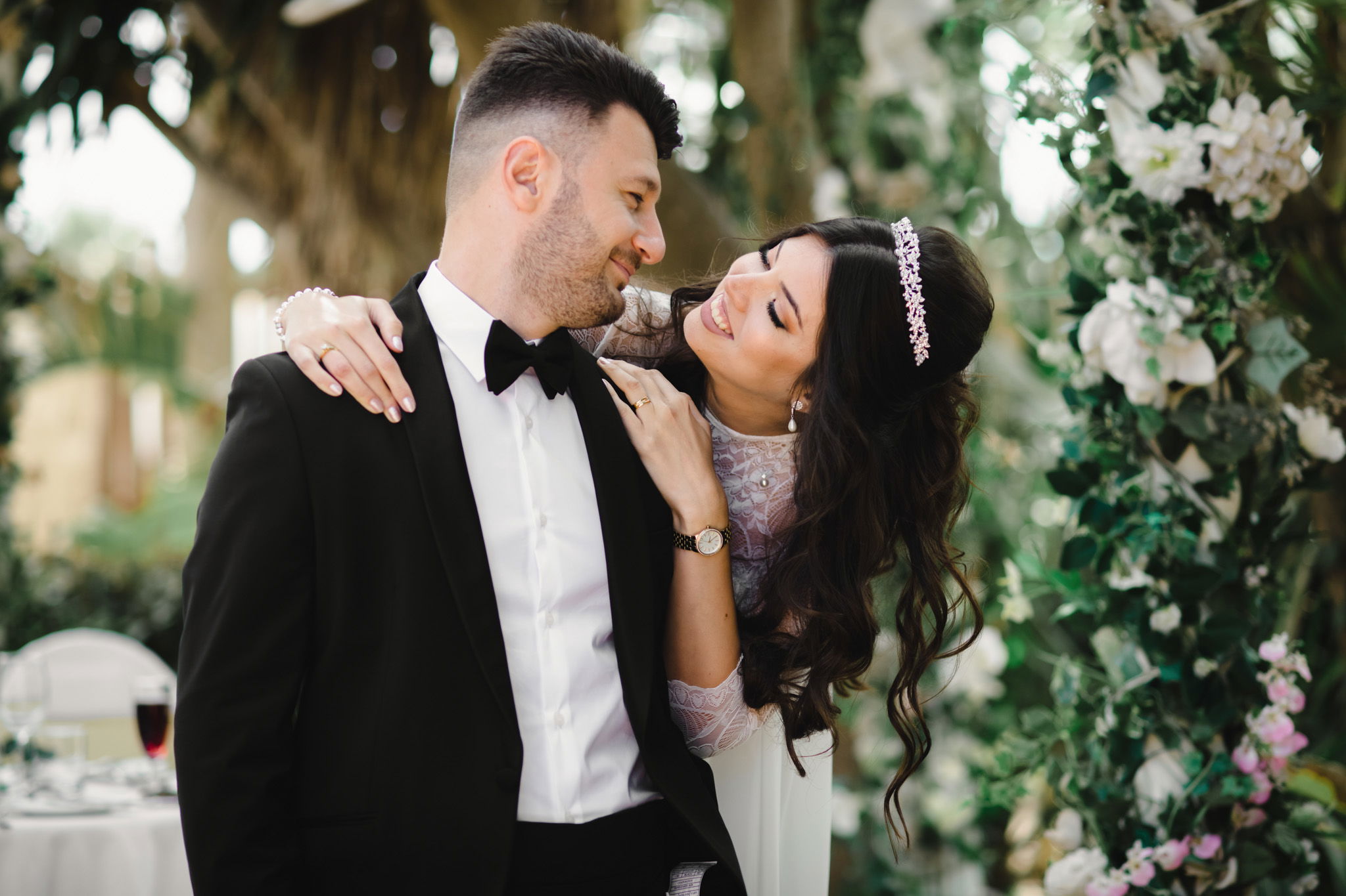 bride and groom in the gardens