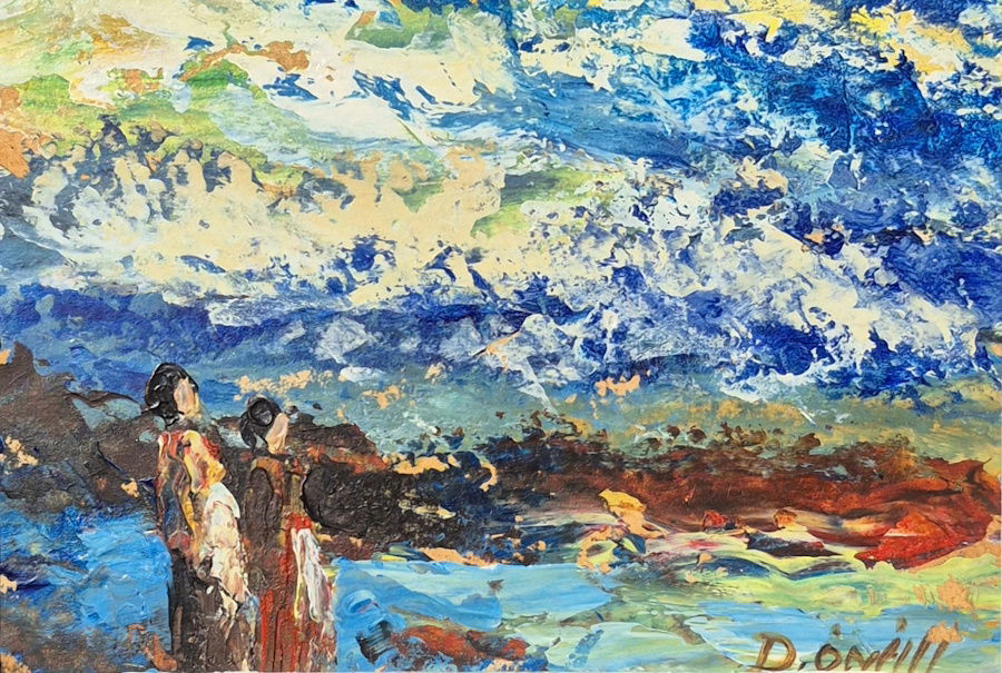 "Two figures on a beach walk"