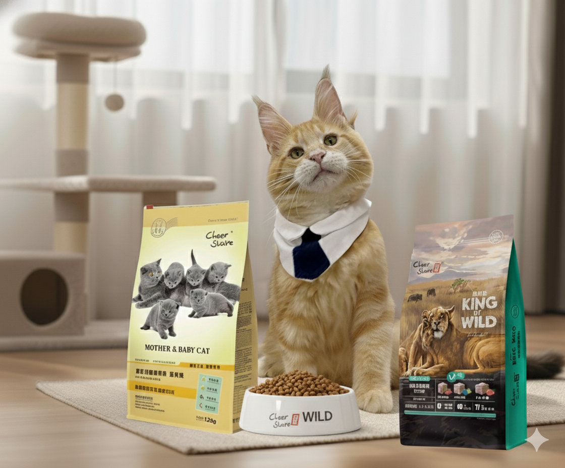 Adorable Maine Coon kitten sitting neatly with King Wild and Cheer Share dry cat food, a food bowl, and a cat tree, prepared for a new home.