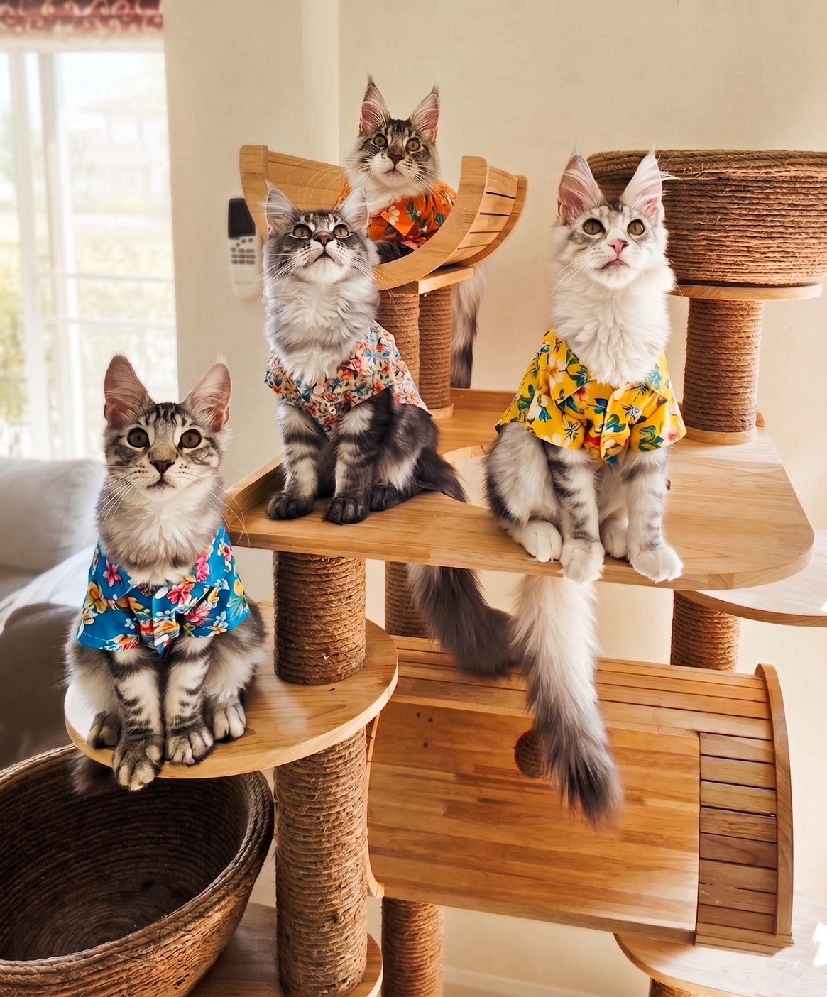Maine Coon kittens on solid wood cat tree — TigerCoonCat Nonthaburi Thailand