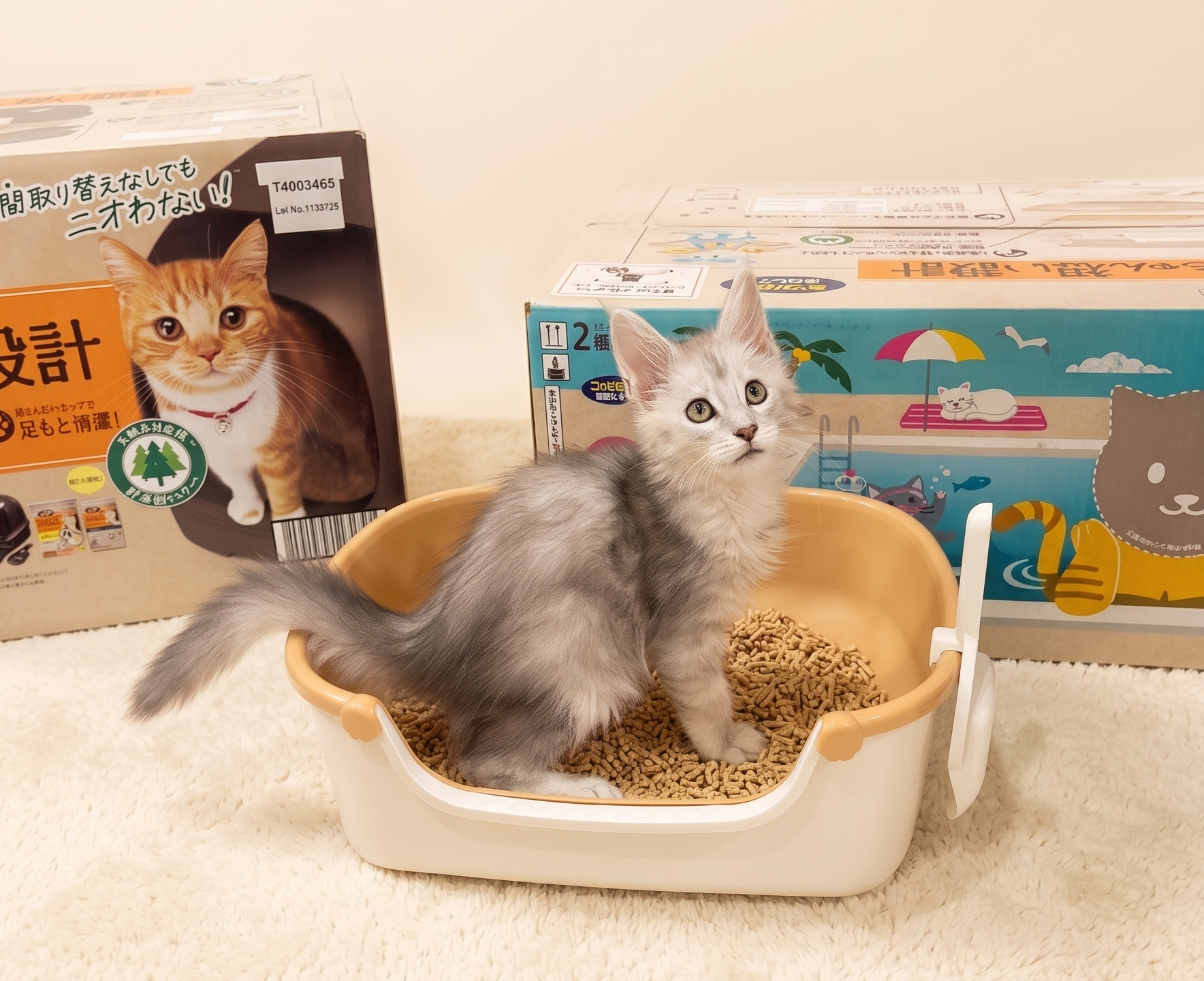 ลูกแมวเมนคูน Blue Silver นั่งในกระบะทราย Nyantomo Clean Toilet — TigerCoonCat