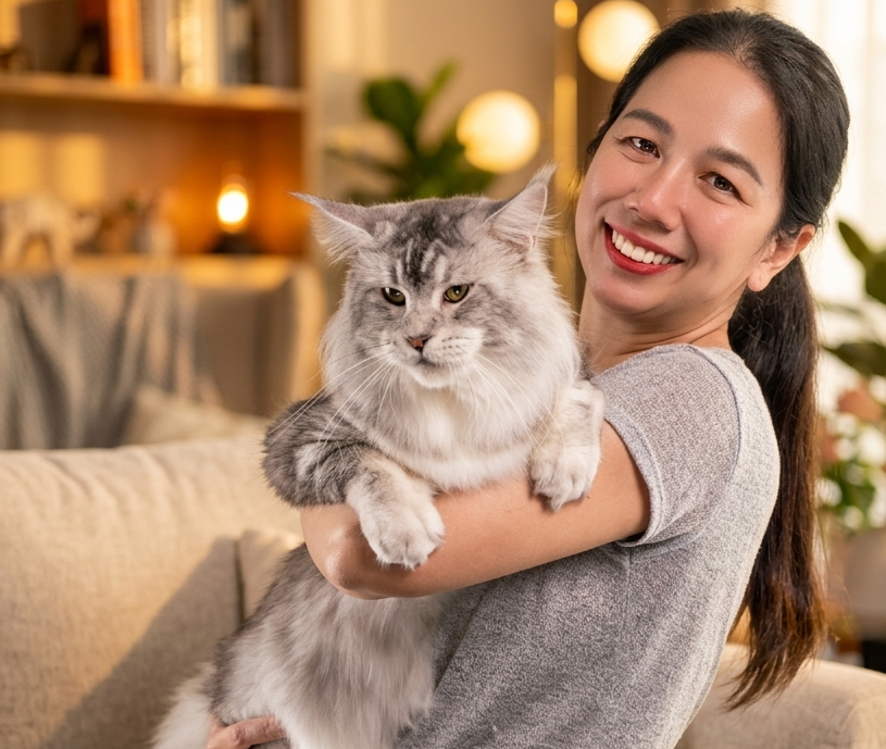 แมว Maine Coon โตเต็มวัยสุขภาพดี อยู่ในอ้อมกอดของเจ้าของ สะท้อนการดูแลและคุณภาพชีวิตที่ดีในระยะยาว