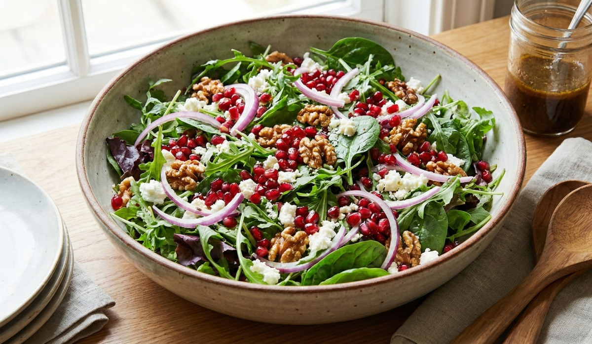 סלט ירוקים עם רימונים ובצל סגול