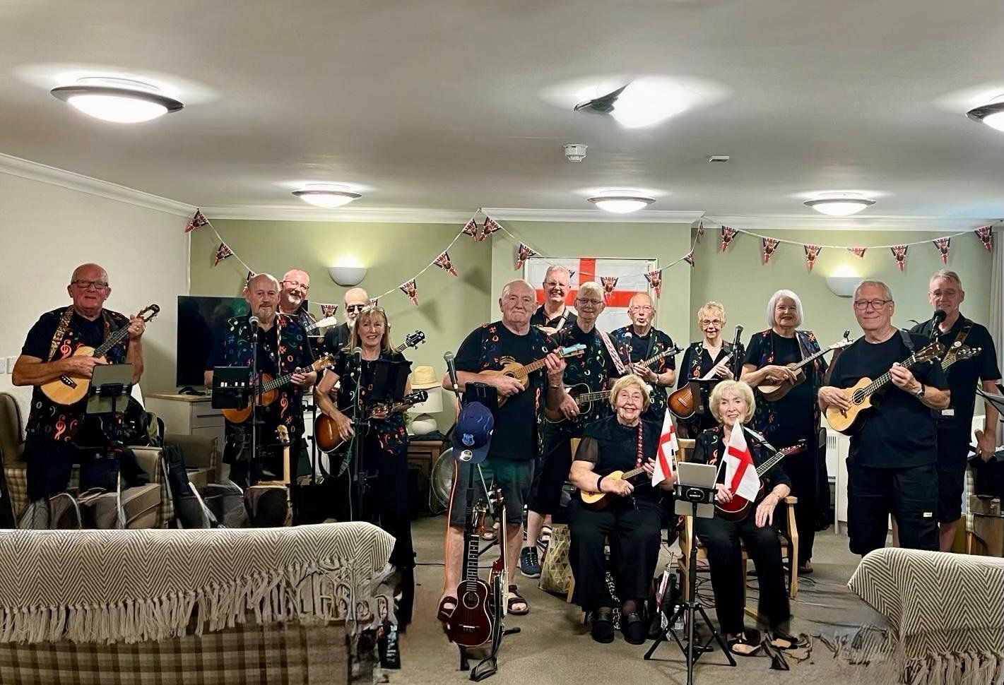 Duke's of Halton Ukulele Band at a gig on 13th July 2026 at Widnes Hall Care Home.