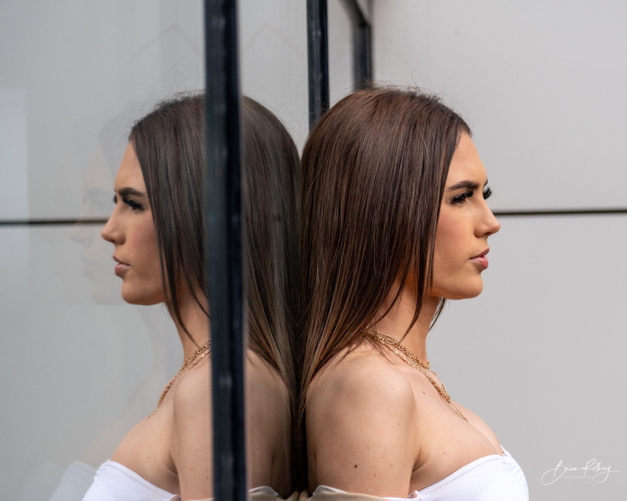 Rachael mirrored in window