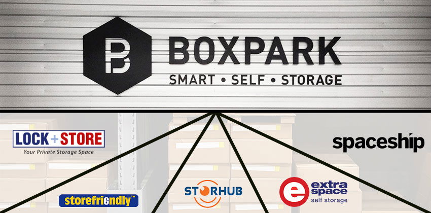 BOXPARK, Lock+Store, StorHub, Extra Space, Storefriendly, and Spaceship Logos