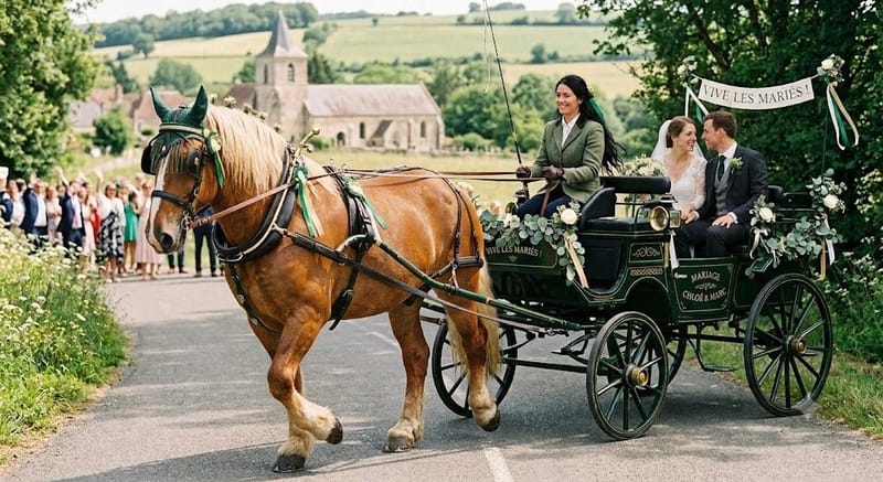Une arrivée de mariage inoubliable en attelage