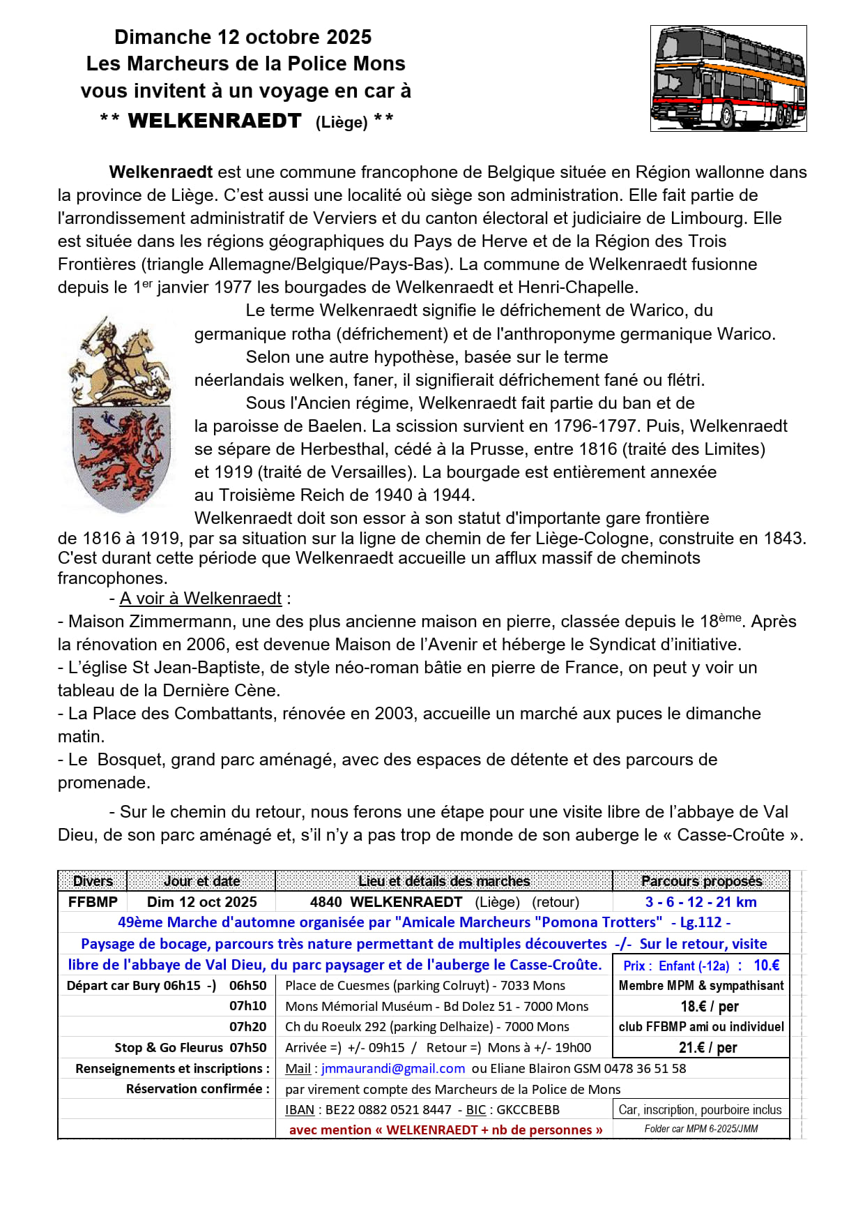Dimanche 12 octobre 2025 voyage en car à Welkenraedt (Liège) 