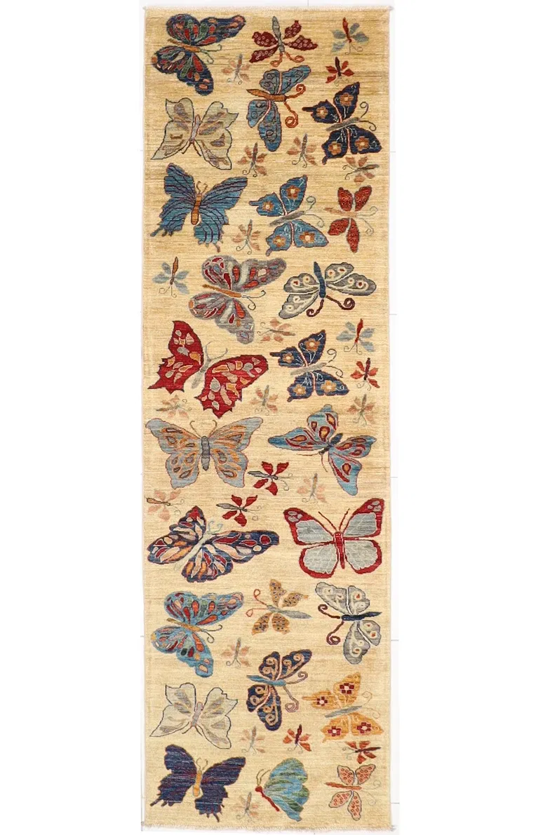 Butterfly Runner Rug 10 ft Butterfly Beige Runner Rug, 2'10x9'11 Afghan Hand kn...