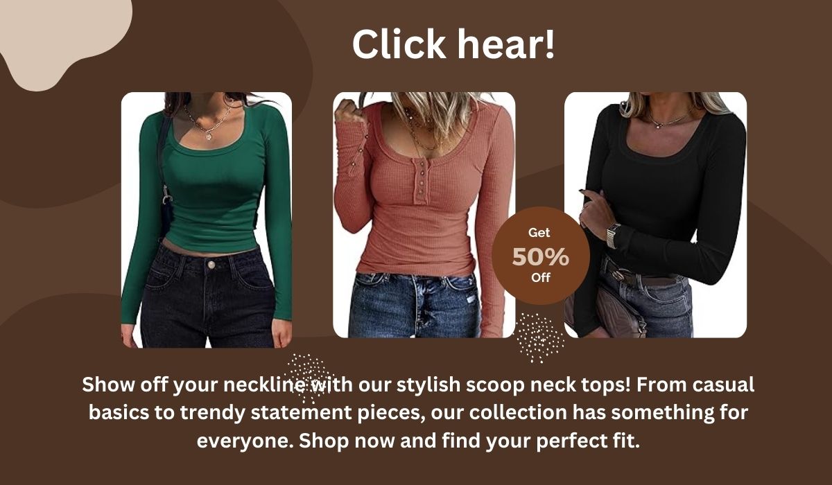  A collection of scoop neck tops in various styles and colors.